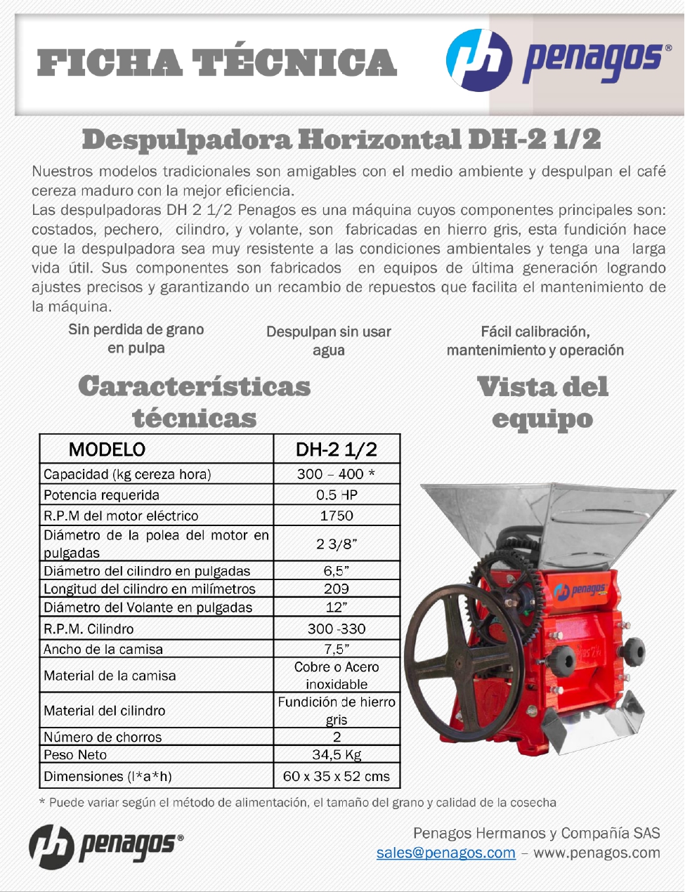DESPULPADORA DE CAFE HORIZONTAL DH-2 ½