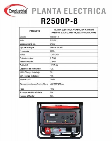 PLANTA ELECTRICA A GASOLINA WARRIOR PREMIUM R2500P-8