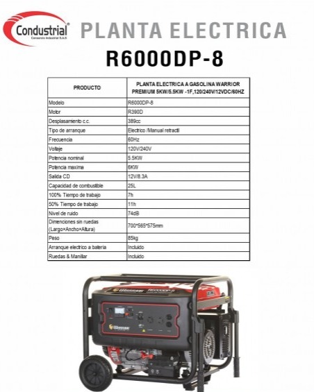 PLANTA ELECTRICA A GASOLINA WARRIOR PREMIUM R6000DP-8