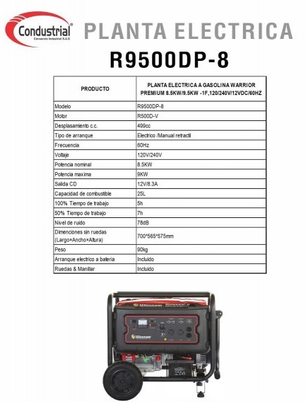 PLANTA ELECTRICA A GASOLINA WARRIOR PREMIUM R9500DP-8